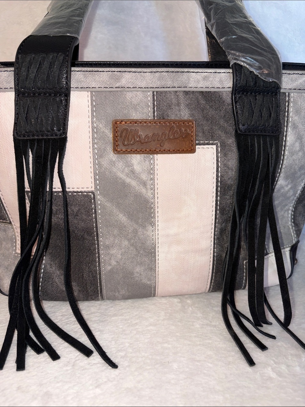 Wrangler Fringe Stripe Tote in Gray and Cream New with Tags